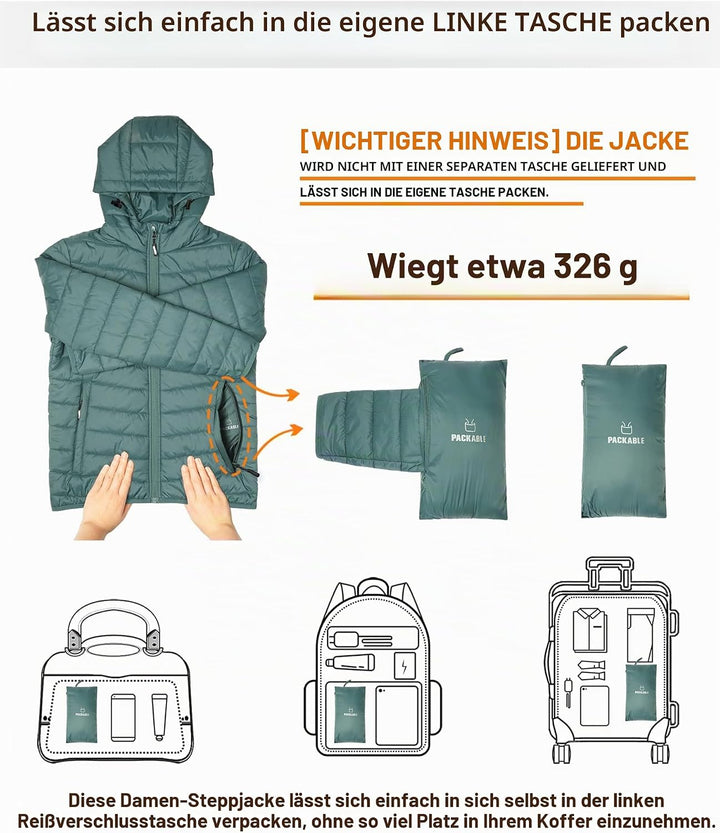 Outdoor Ventures Damen Steppjacke Leichte Packbare Übergangsjacke Warme Winterjacke mit Kapuze für F