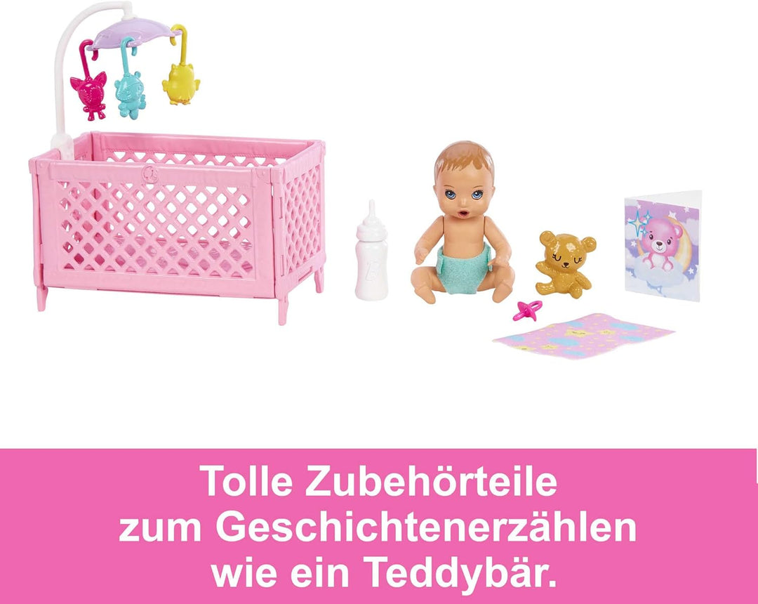 Barbie-Puppe und Zubehörteile, Gitterbett-Spielset mit Skipper-Puppe, Babypuppe mit schläfrigen Auge