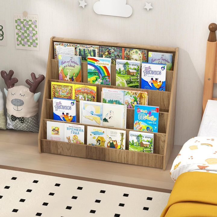 COSTWAY Kinderregal mit 5 Fächern, Bücherregal für Kinder, Zeitungsständer aus Holz, Aufbewahrungsre