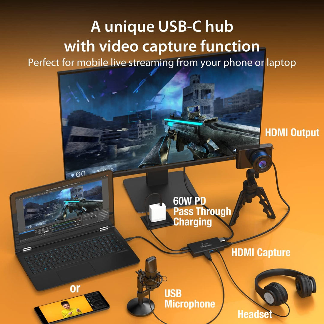 j5create Video Capture Card mit PD 60W Pass-Through Charging, integrierter Multifunktions-Hub, geeig