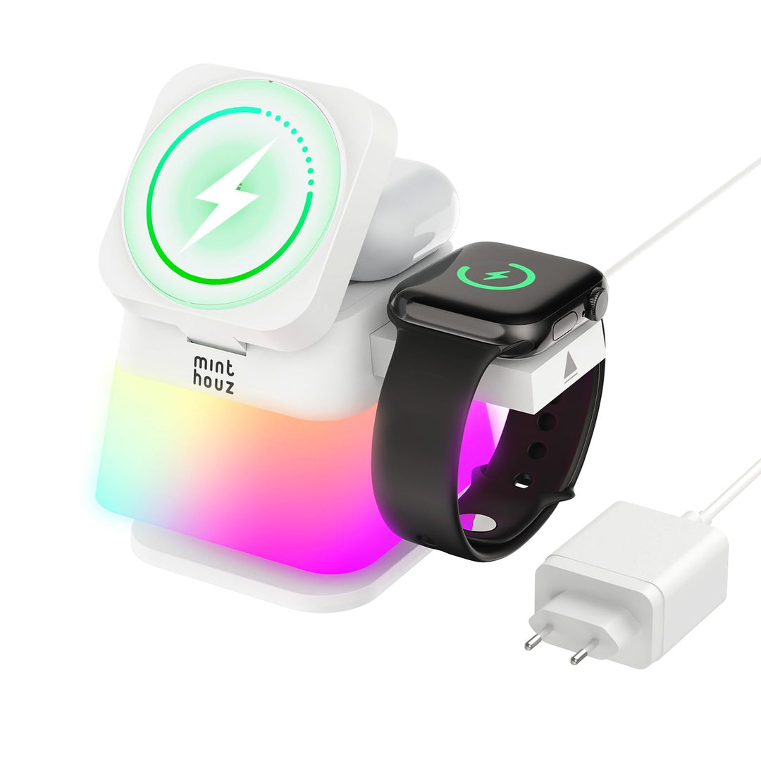 Minthouz 3-in-1 MagSafe Ladestation mit Nachtlicht, Induktive Ladestation für Apple Watch und iPhone