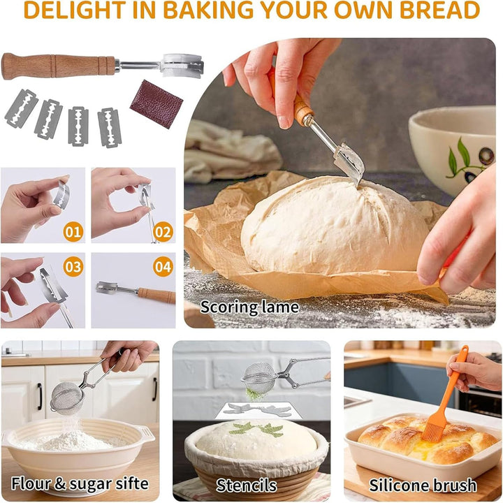 Sauerteig Starter Set mit 2 Gärkörbchen, 730ML Sauerteig Glas, Brotbackzubehör kit, Brot Backen Zube