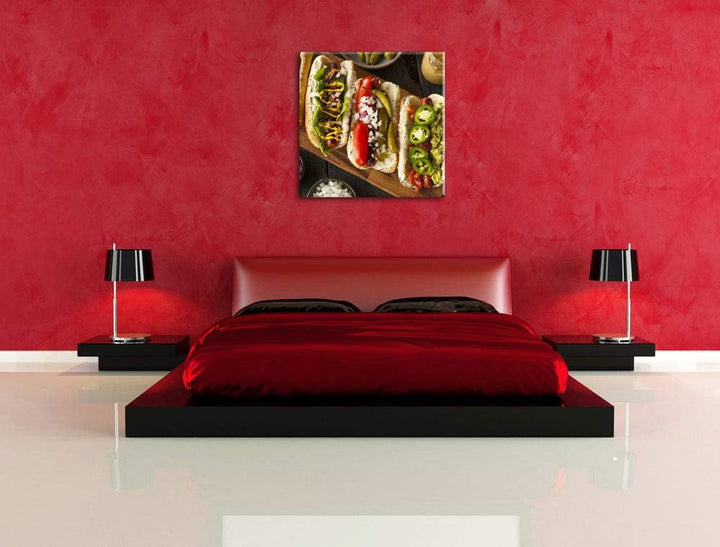 Amerikanische Hotdogs, Format: 70x70 auf Leinwand, XXL riesige Bilder fertig gerahmt mit Keilrahmen,
