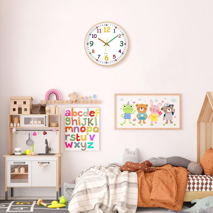 ACCSHINE Kinder Wanduhr ohne Tickgeräusche Lernuhr 30cm Bunt Zahlen Modern Quartz Lautlos Wanduhren