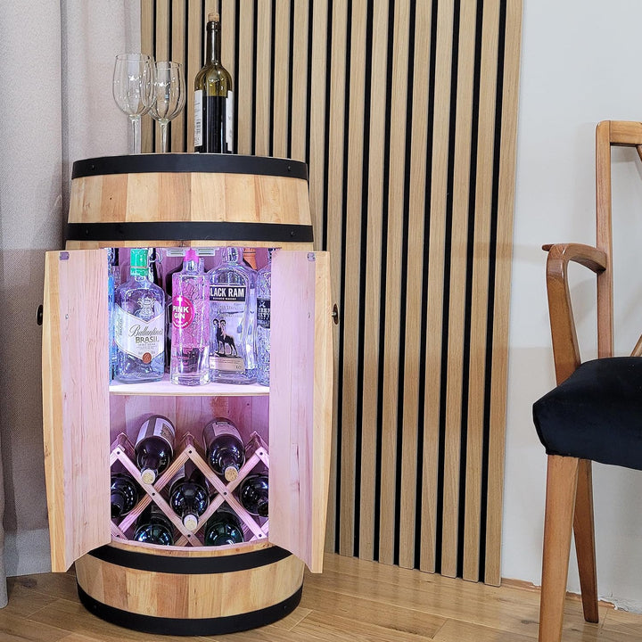 weeco - Fassbar mit Tür und Weinhalter RGB-LED-Beleuchtung - Weinregal. Hausbar Weinrack 80 cm. Rust