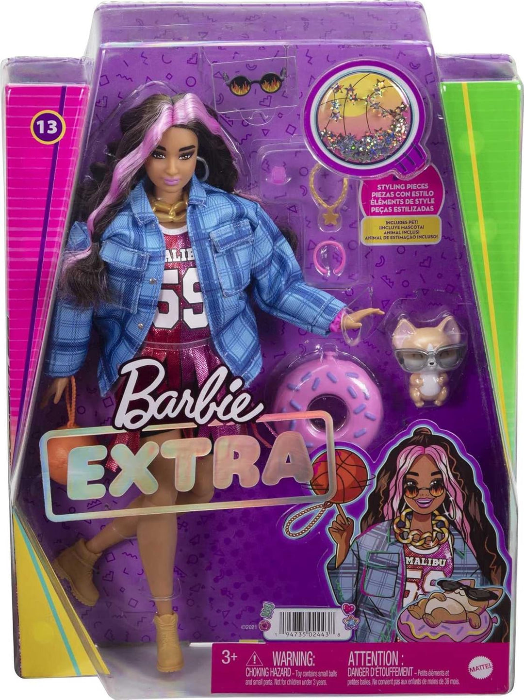 Barbie HDJ46 - Extra Puppe in Basketball Trikot Kleid & Zubehör, mit Haustier Corgi, extra langes ge