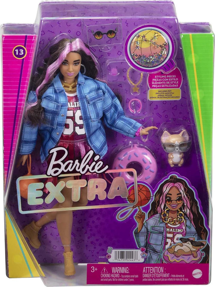 Barbie HDJ46 - Extra Puppe in Basketball Trikot Kleid & Zubehör, mit Haustier Corgi, extra langes ge