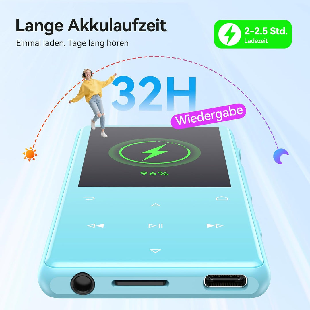 AGPTEK 128 GB MP3 Player mit Bluetooth 5.4, 2,4 Zoll Musik-Player mit One-Click-Aufnahme, eingebaute