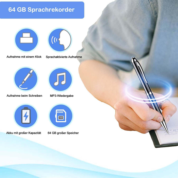 Voice Recorder Stift 64 GB Professioneller Sprachrekorder mit Sprachaktivierung und MP3-Wiedergabe M