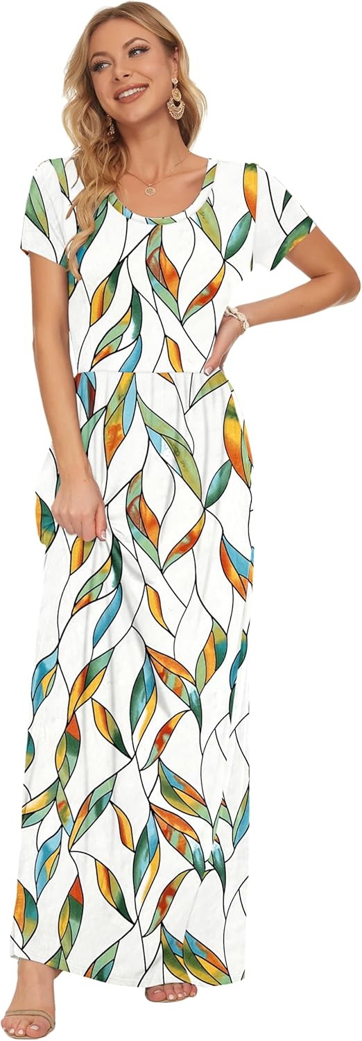 AUSELILY Damen Kurzarm Sommer Casual Long Maxi Kleider mit Taschen Buntes Verlaufslaub XS, Buntes Ve