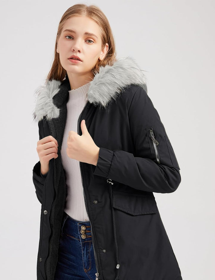 Tuopuda Jacke Damen Wintermantel mit Kapuze Reissverschluss Parka Mantel Langarm Hooded Jacket Schwa