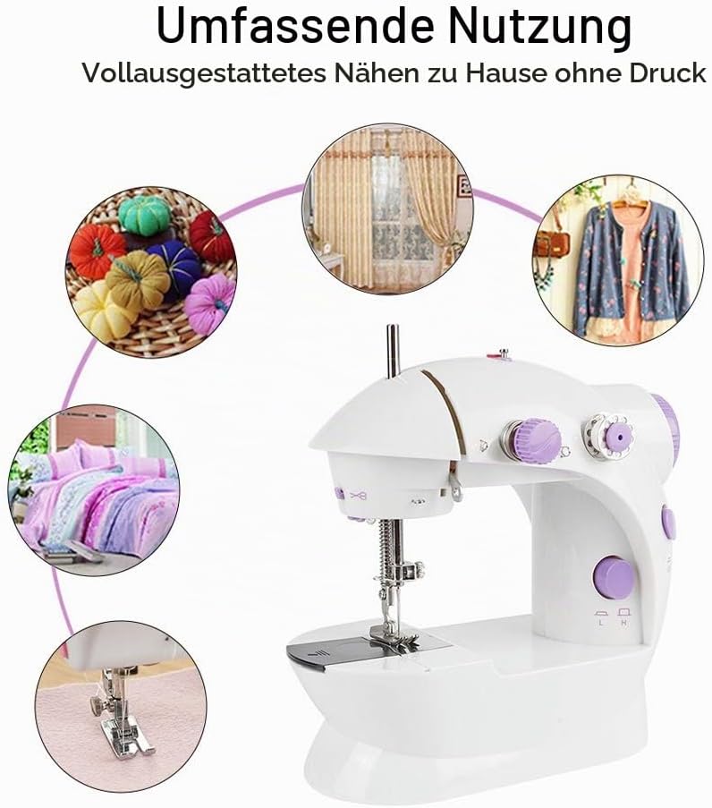 Nähmaschine für Kinder und Anfänger, Mini-Nähmaschine mit Fusspedal, LED Licht, Zweidraht-Zwei, Arbe