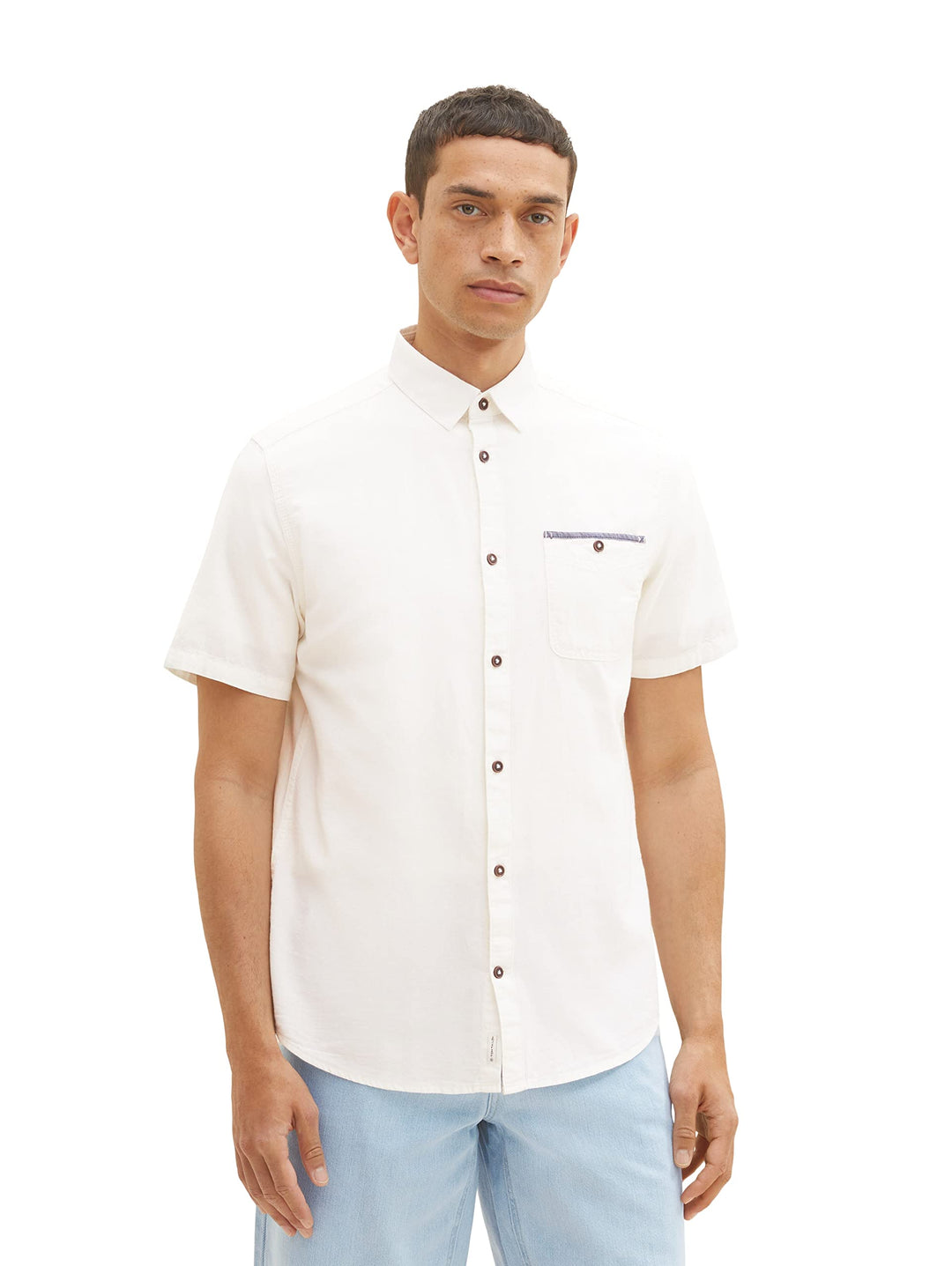 TOM TAILOR Herren Chambray Kurzarm-Hemd mit Brusttasche S 10332 - Off White, S 10332 - Off White