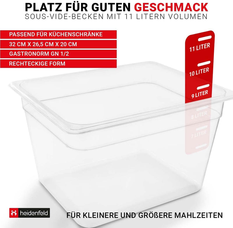 Heidenfeld SVS11 Sous Vide Garer Behälter - Extra gross 32.0 x 26.5 x 20.0 cm - Deckel - Rack - Behä