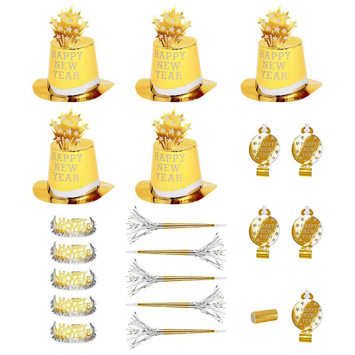 "GOLD HAPPY NEW YEAR PARTY KIT" for 10 persons (5 top hats, 5 crowns,5 sounding trumpets, 5 sounding