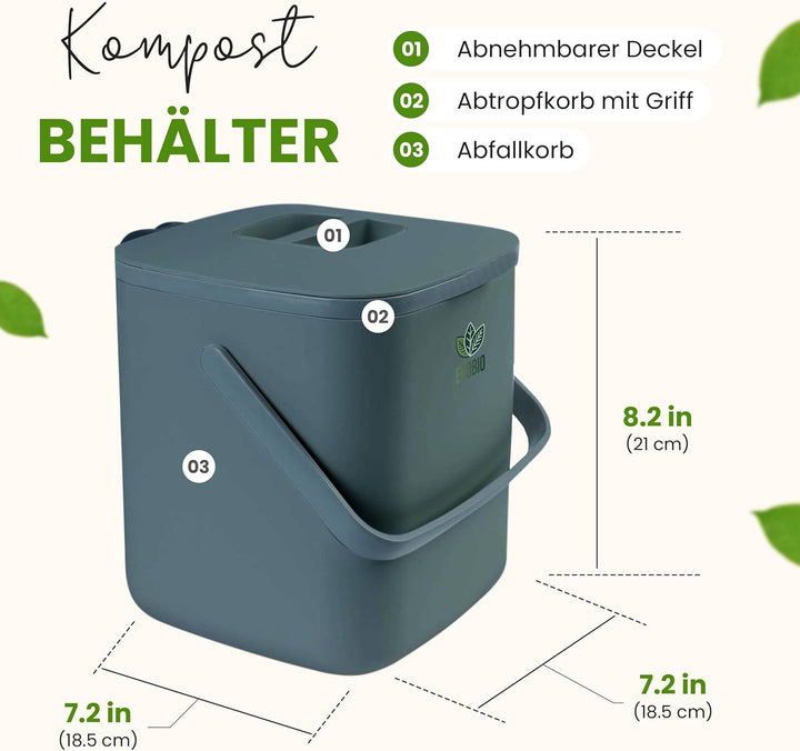 EcoBio Biomülleimer Küche - 7L Komposteimer Küche mit Deckel & Griff – Geruchsdicht & Spülmaschinenf