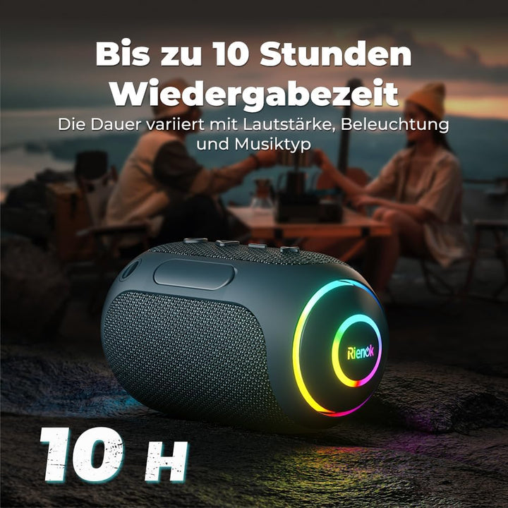 RIENOK Bluetooth Lautsprecher Musikbox mit LED-Licht Bluetooth 5.3 Klein Tragbar Stereo Kabellos Box