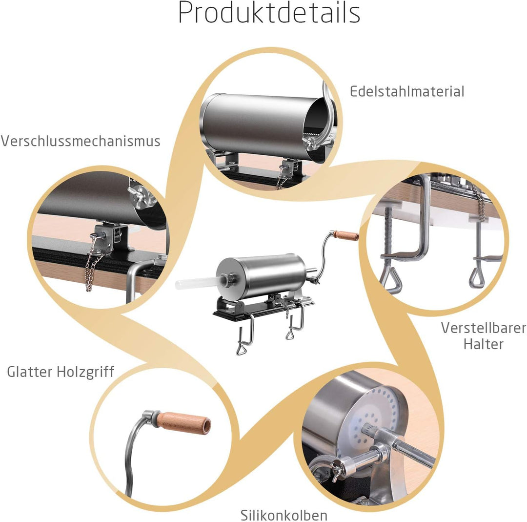 DREAMADE 3,6 L Wurstfüller Manuell, Wurstfüllmaschine mit 4 Füllrohre, Wurstfüller Edelstahl Wurstma