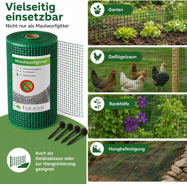 EraGreen® Maulwurfgitter 80 m x 1,2 m Breite Inklusive 80 Erdanker GRATIS - Maulwurfschutz für Rollr
