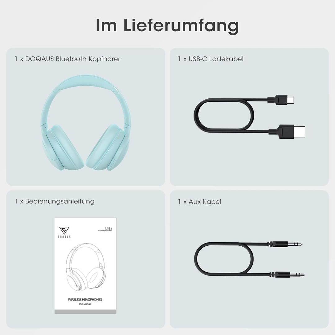 DOQAUS Bluetooth Kopfhörer Over-Ear Bis zu 90 Std,Kopfhörer Over Ear mit 3 EQ-Modi, HiFi-Stereo Falt
