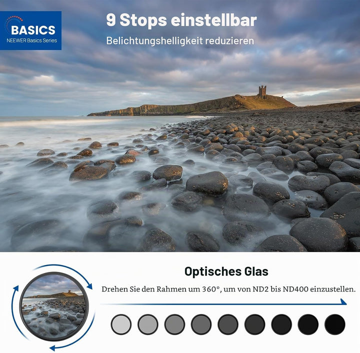NEEWER BASICS 67mm variabler ND Filter, ND2-400 1-9 Stops Lichtreduzierung, drehbarer variabler Grau