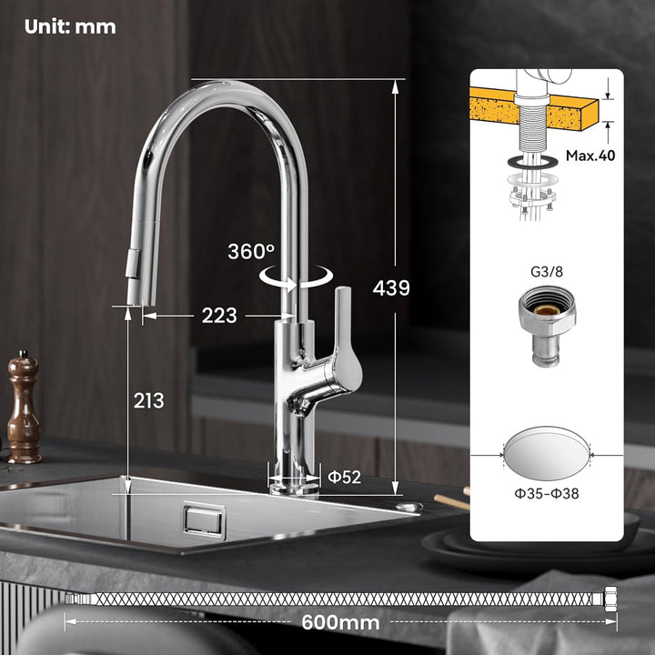 CECIPA Wasserhahn Küche Ausziehbar, Zinklegierung Küchenarmatur mit Brause Zwei Wasserstrahlarten, H
