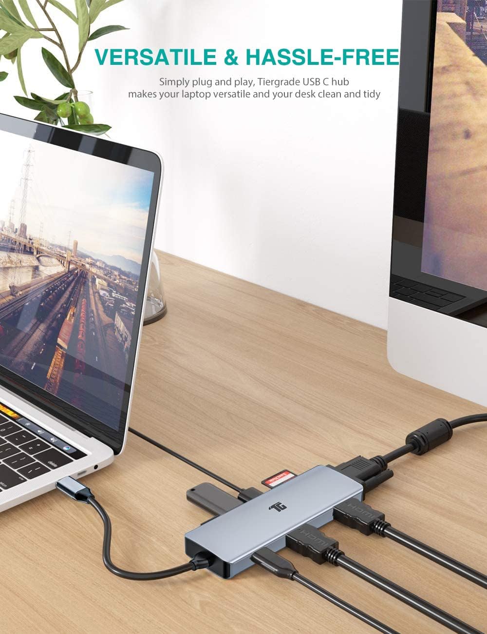 USB C Hub, USB C Adapter, Tiergrade 9 in 1 Triple Display Collage Display Typ C Adapter mit 2 4K HDM