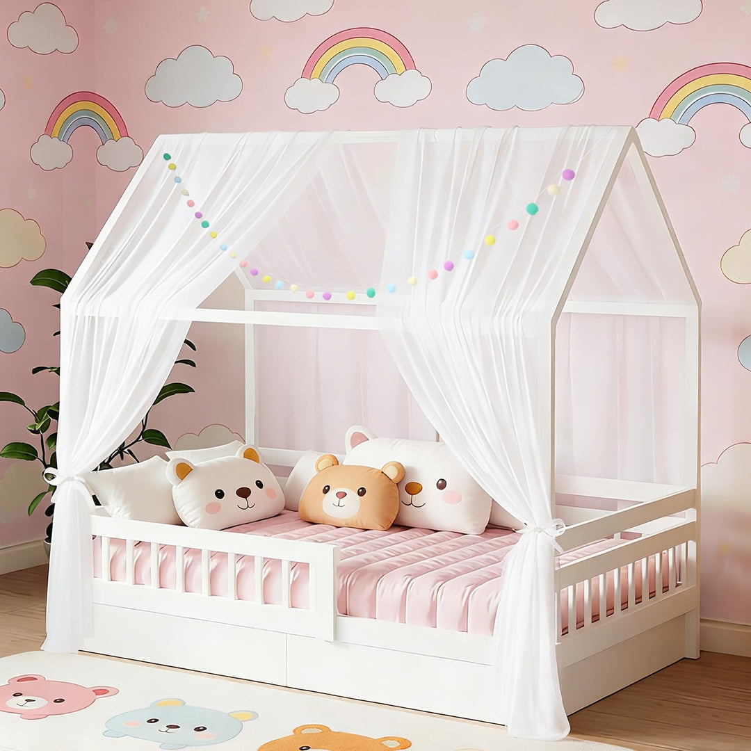 2 Stück Hausbett Himmel für Kinderbett, 160x350cm mit Farbiger Pompon-Girlande & Befestigungsbändern