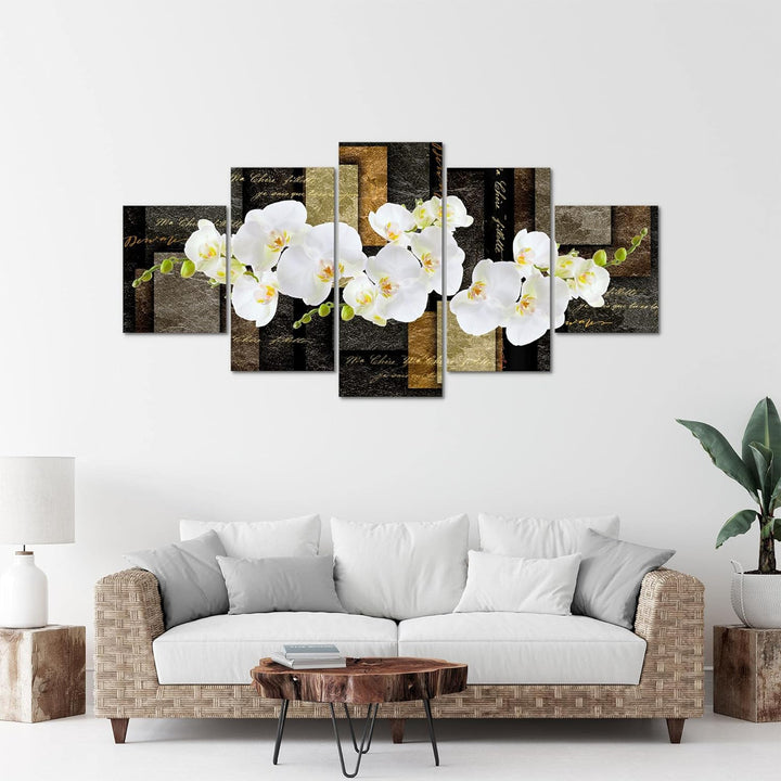 Runa Art - Bilder Blumen Orchidee 200 x 100 cm 5 Teilig XXL Wanddekoration Design Beige Braun 009351