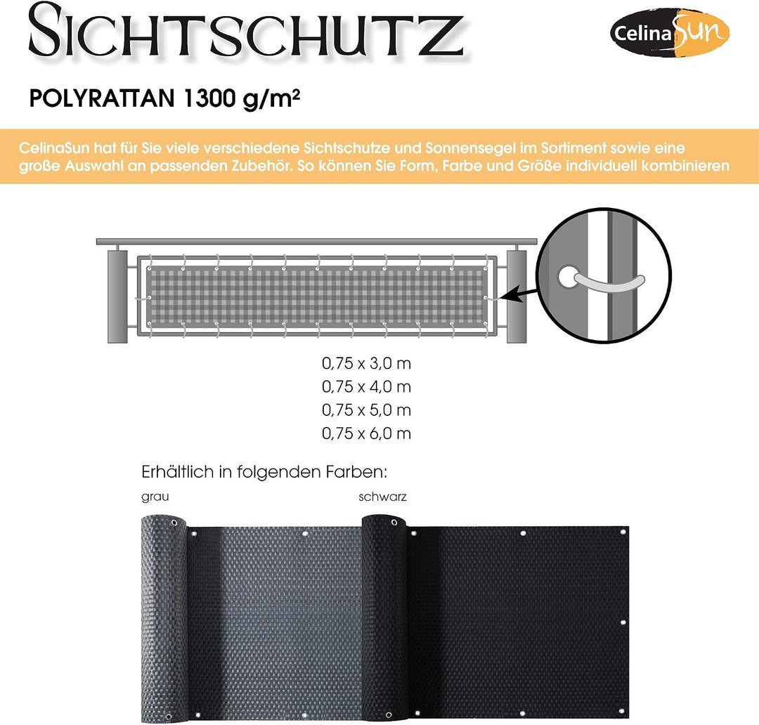 CelinaSun Sichtschutz Balkon 0,75 x 3 m schwarz Polyrattan Balkonbespannung mit Kabelbinder Balkonum