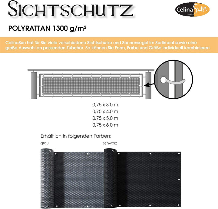 CelinaSun Sichtschutz Balkon 0,75 x 3 m schwarz Polyrattan Balkonbespannung mit Kabelbinder Balkonum