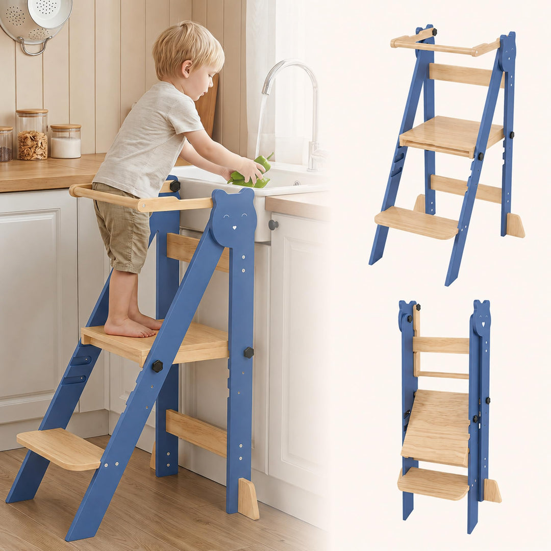 Lernturm klappbar, ab 1 Jahr, 3-Fach höhenverstellbar, Nebelblau | Kiefernholz Lernturm Kinder, plat