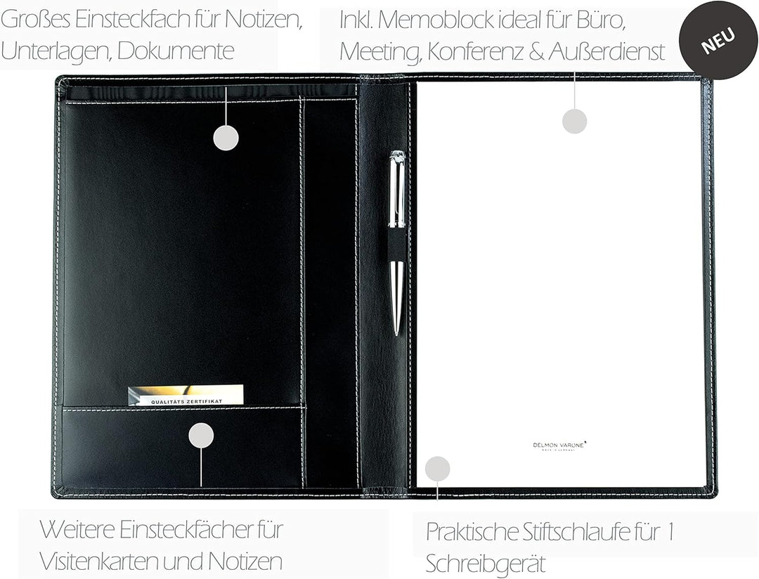 DELMON VARONE - Personalisierbare Schreibmappe DIN A4 aus Cambridge Top Grain Leder schwarz, Organiz