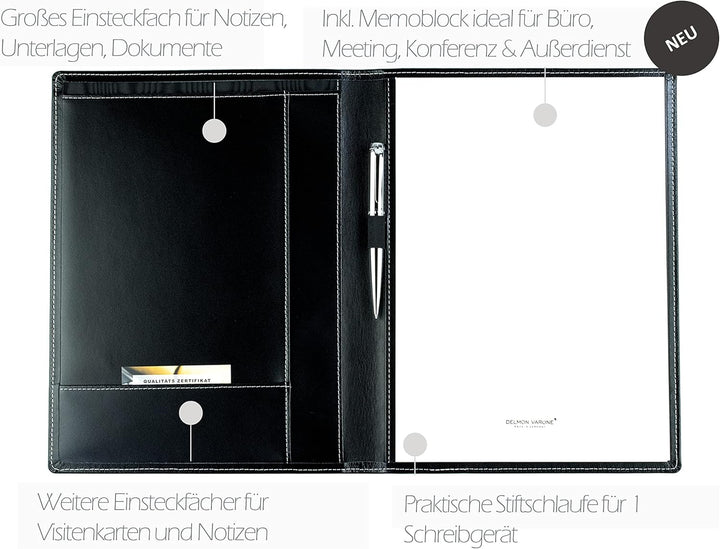 DELMON VARONE - Personalisierbare Schreibmappe DIN A4 aus Cambridge Top Grain Leder schwarz, Organiz
