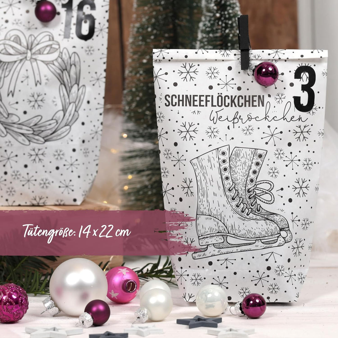 Papierdrachen Adventskalender 2025 zum Befüllen - 24 weisse Papiertüten mit Zahlenaufklebern - Motiv