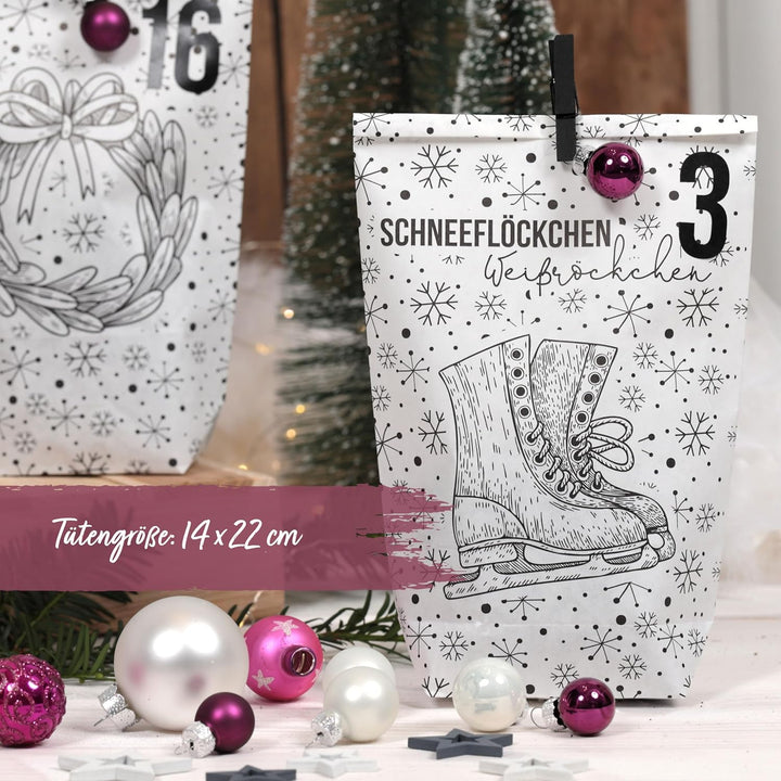 Papierdrachen Adventskalender 2025 zum Befüllen - 24 weisse Papiertüten mit Zahlenaufklebern - Motiv