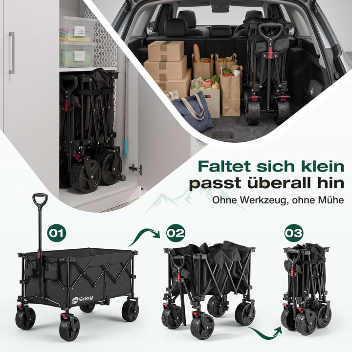 Sekey XXL Plus Bollerwagen Faltbar mit Bremsen 200L 200KG Belastbar, Extra Breite Reifen All Terrain