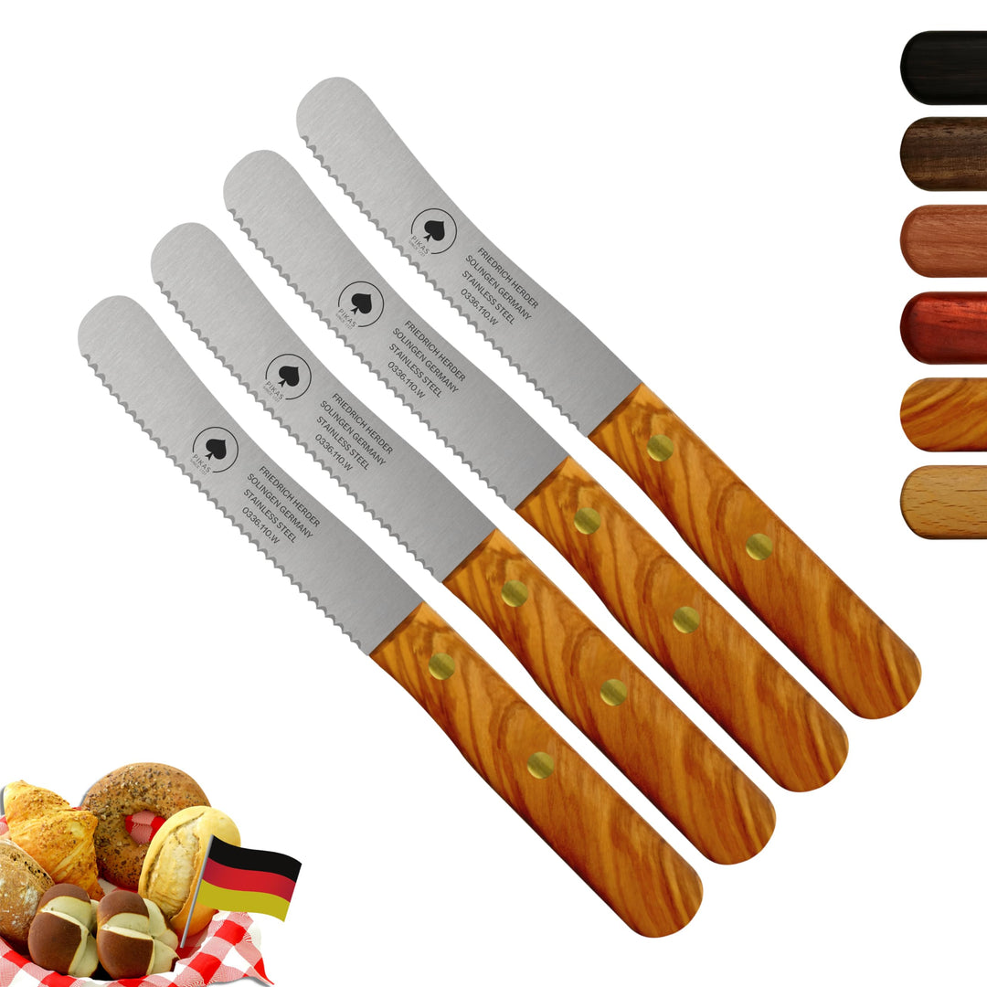 Solingen Messer, 4er Set Olive Holzgriff, Wellenschliff, Premium Buckelmesser, Klinge rostfrei 11cm