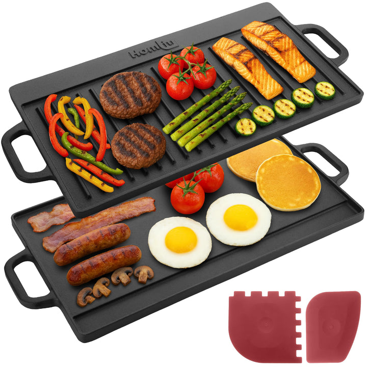 Homiu Gusseisen Grillplatte mit 2 Griffen| Grillpfanne | Grill Platte für Feuerstelle, Grillplatz, L