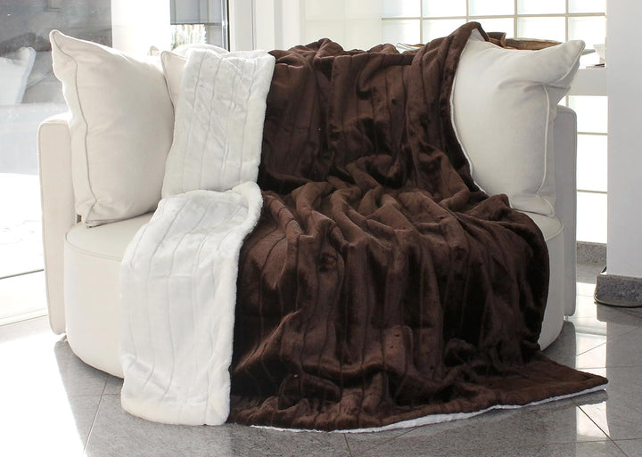 Doppelseitige Felldecke im zweifarbigen Design - Wohndecke Tagesdecke Sofadecke Kuscheldecke -150 x