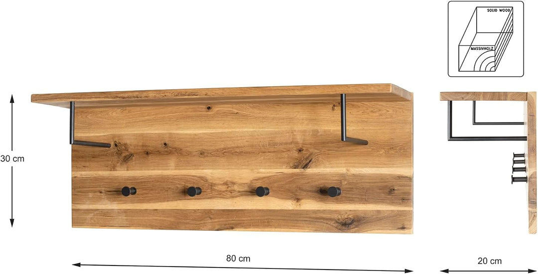 HAKU Möbel Wandgarderobe, Massivholz, eiche geölt-schwarz, B 80 x T 20 x H 30 cm Eiche Geölt-schwarz