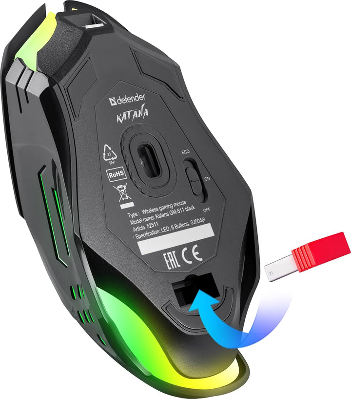 Defender® Katana Kabellose Gaming Maus - Geräuschlose Klicks - 5 programmierbare Tasten - RGB-Beleuc