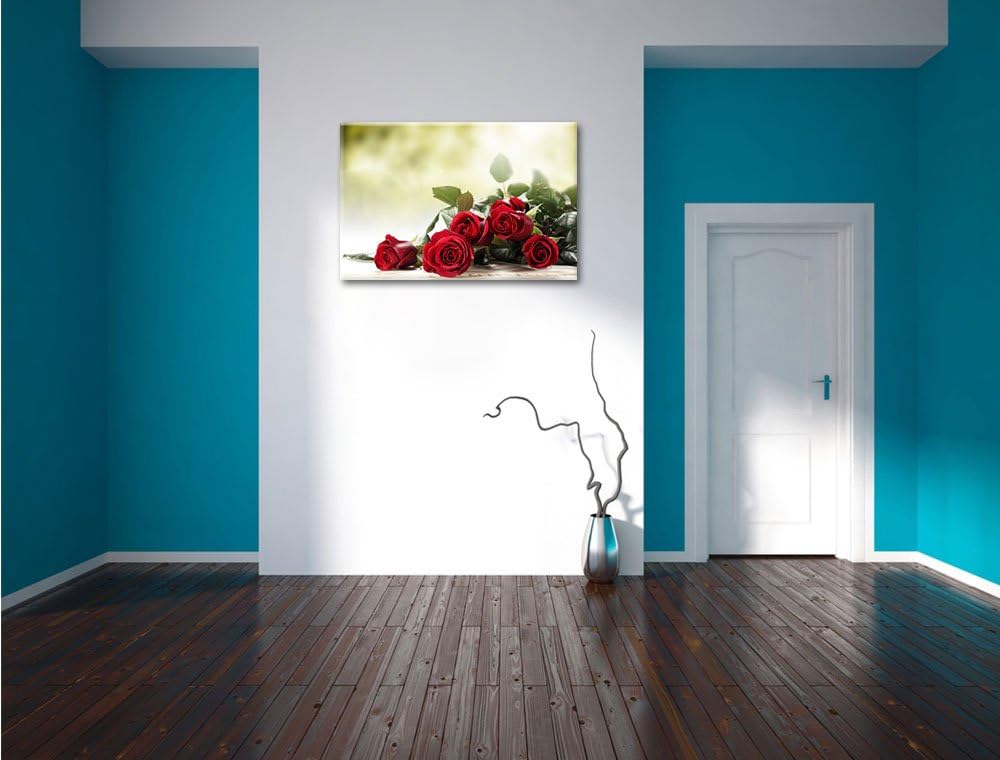 Rosenstrauss auf Holztisch Format: 100x70 auf Leinwand, XXL riesige Bilder fertig gerahmt mit Keilra