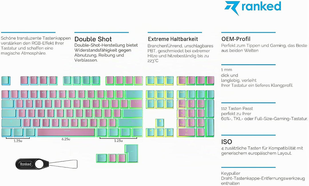 Ranked Pudding PBT-Tastenkappen | 112 Double Shot Transluzent ANSI US- und ISO-Layout | OEM-Profil f