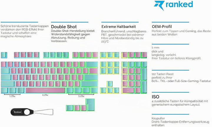 Ranked Pudding PBT-Tastenkappen | 112 Double Shot Transluzent ANSI US- und ISO-Layout | OEM-Profil f