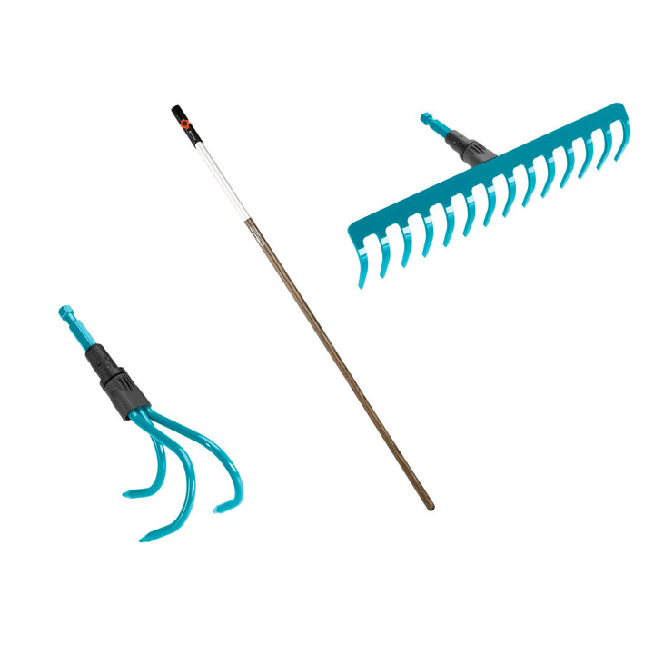 Gardena combisystem-Bodenpflege Set: Set bestehend aus Rechen, Grubber und 130cm Holzstiel, zur Bode
