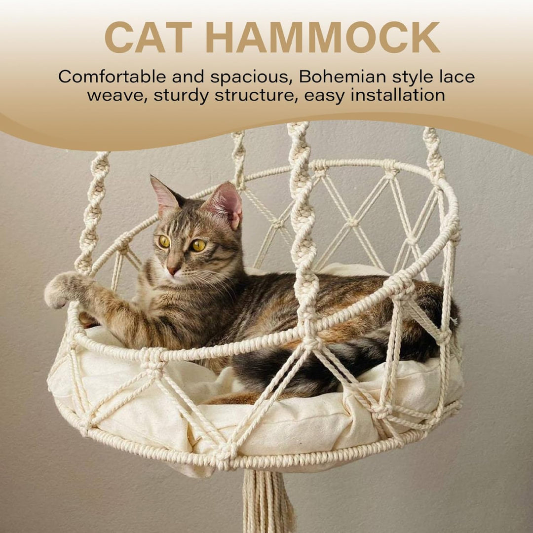 Katzenhängematte, 130 cm langes hängendes Katzenbett mit 40 cm Kissen, Boho-Makramee-Hängematte, Kat