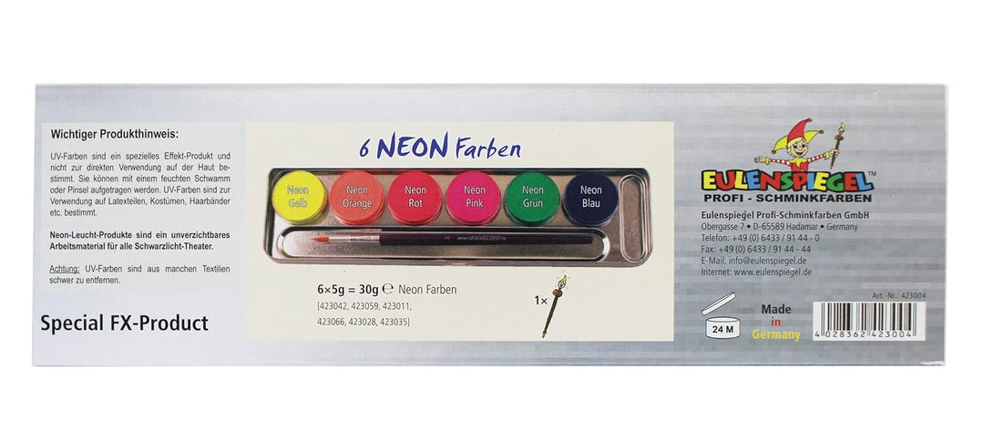 Eulenspiegel 423004 - Farb-Palette Neon, 6 x 3,5 ml UV-Farben, 1 Pinsel, Schminkset, Karneval, Motto