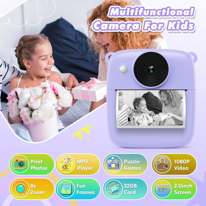 CalineGam Kinderkamera Sofortbildkamera, 48MP Sofortbildkamera Kinder mit 32GB Karte & Druckpapier,