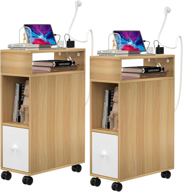 Lvhecforhm 2er Set Schmal Nachttisch mit Rollen, Schmaler Kleiner Nachtschrank im Schlafzimmer Platz